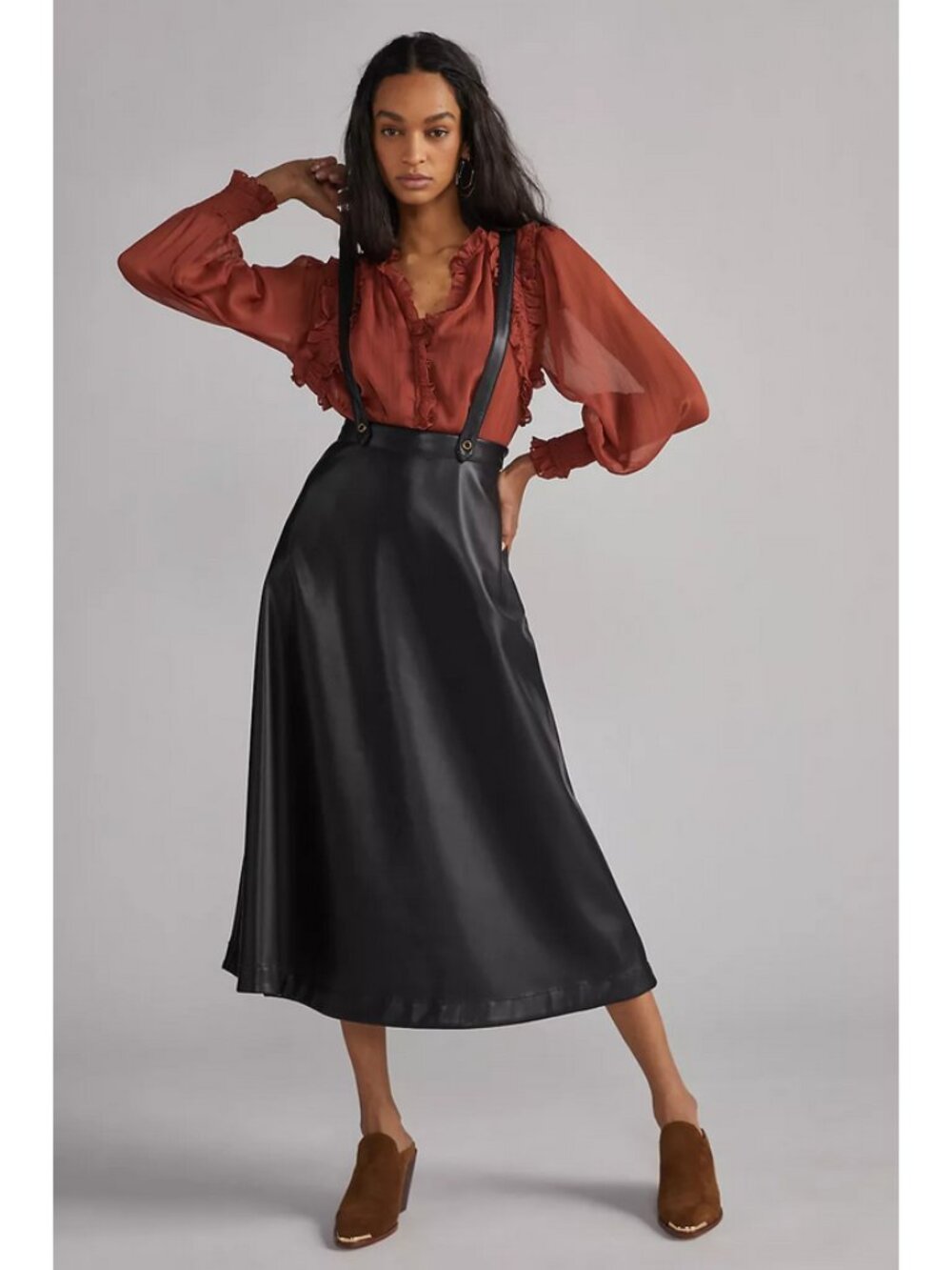 by Anthropologie Sz. 8 Black Faux Leather Pinafore Skirt